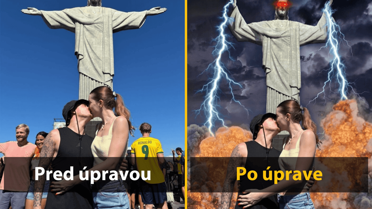 Pár bozkávajúci sa pred sochou Krista, pred a po dramatickej úprave s bleskami a výbuchmi.