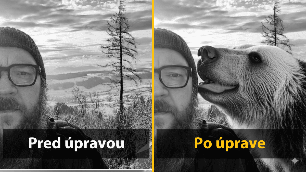 Muž v prírode pred a po úprave fotky s pridaným medveďom na selfie.