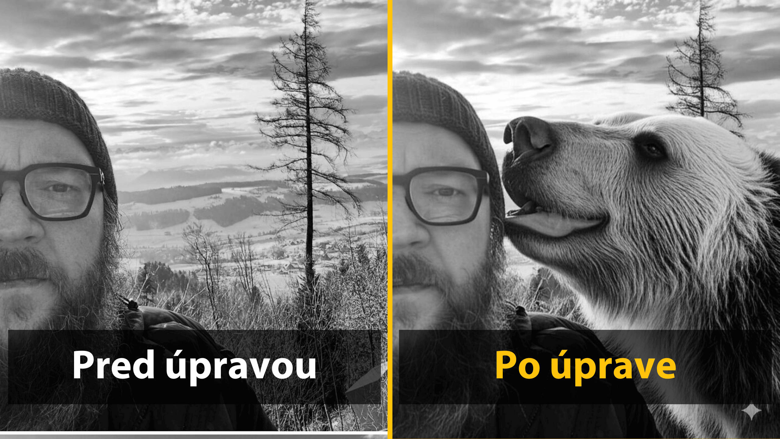 Muž v prírode pred a po úprave fotky s pridaným medveďom na selfie.