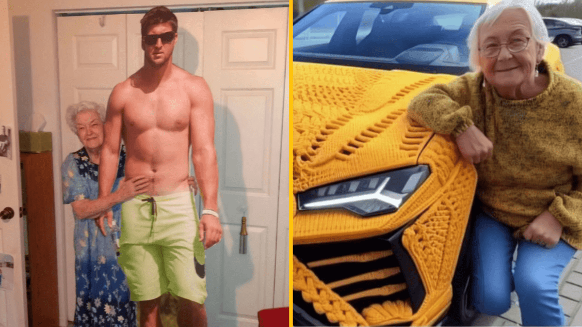 Stará dáma pózuje vedľa pleteného kapotáže auta a stojí s kartónovým vystrihnutým obrazom mladého muža v plavkách.