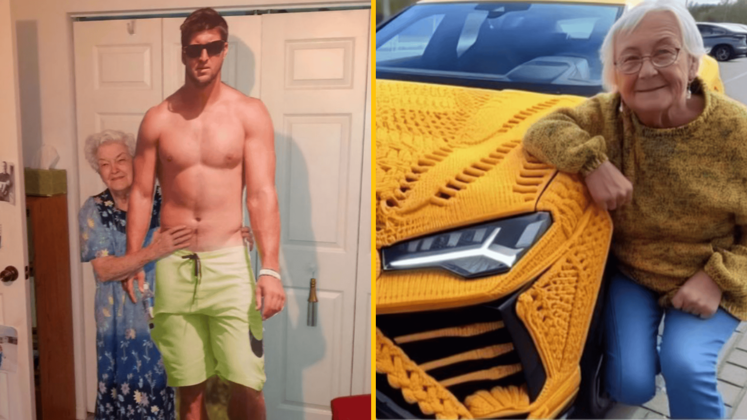 Stará dáma pózuje vedľa pleteného kapotáže auta a stojí s kartónovým vystrihnutým obrazom mladého muža v plavkách.