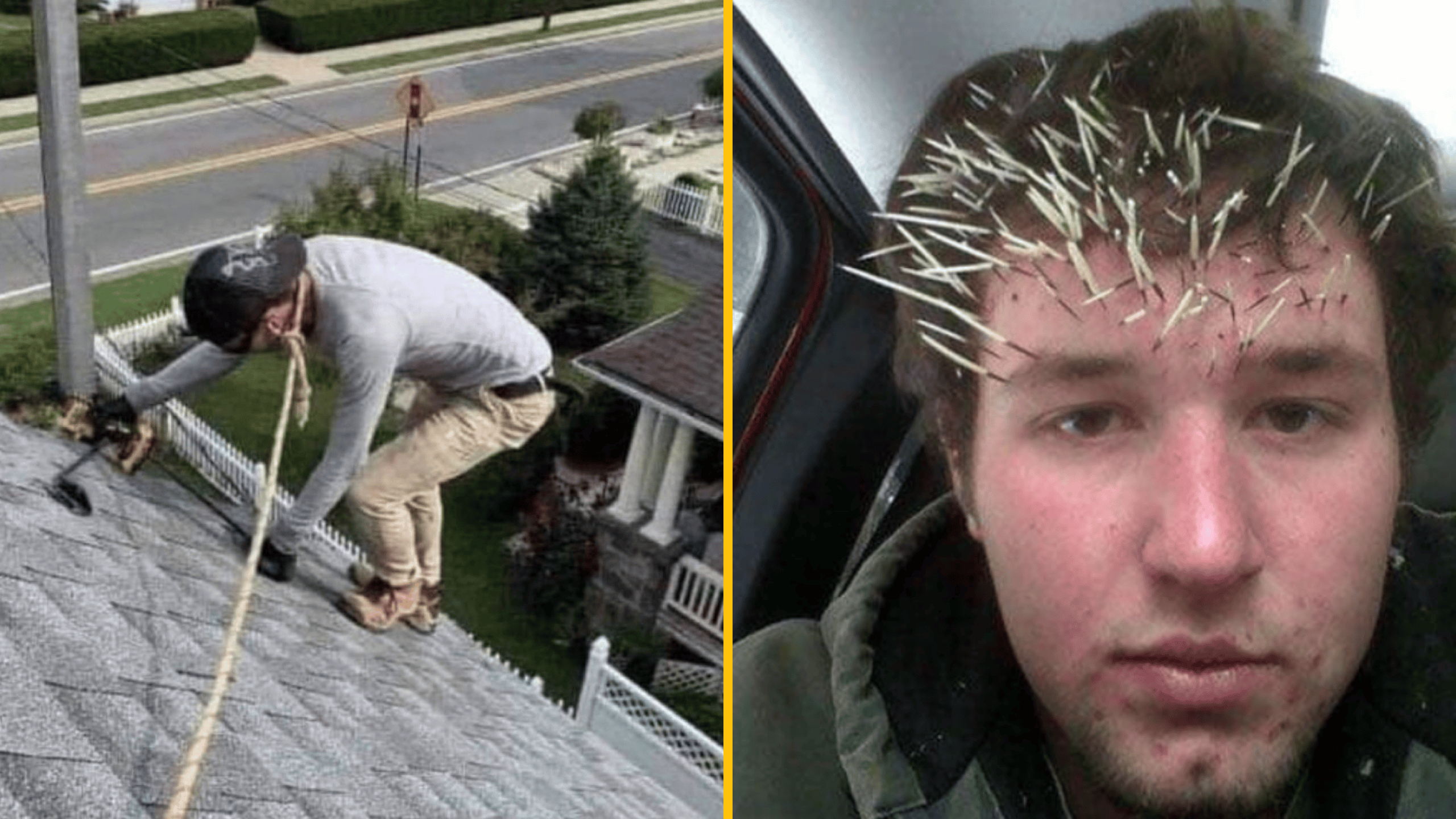 Pracovník na streche s bezpečnostným lanom; muž s množstvom špáradiel vo vlasoch.