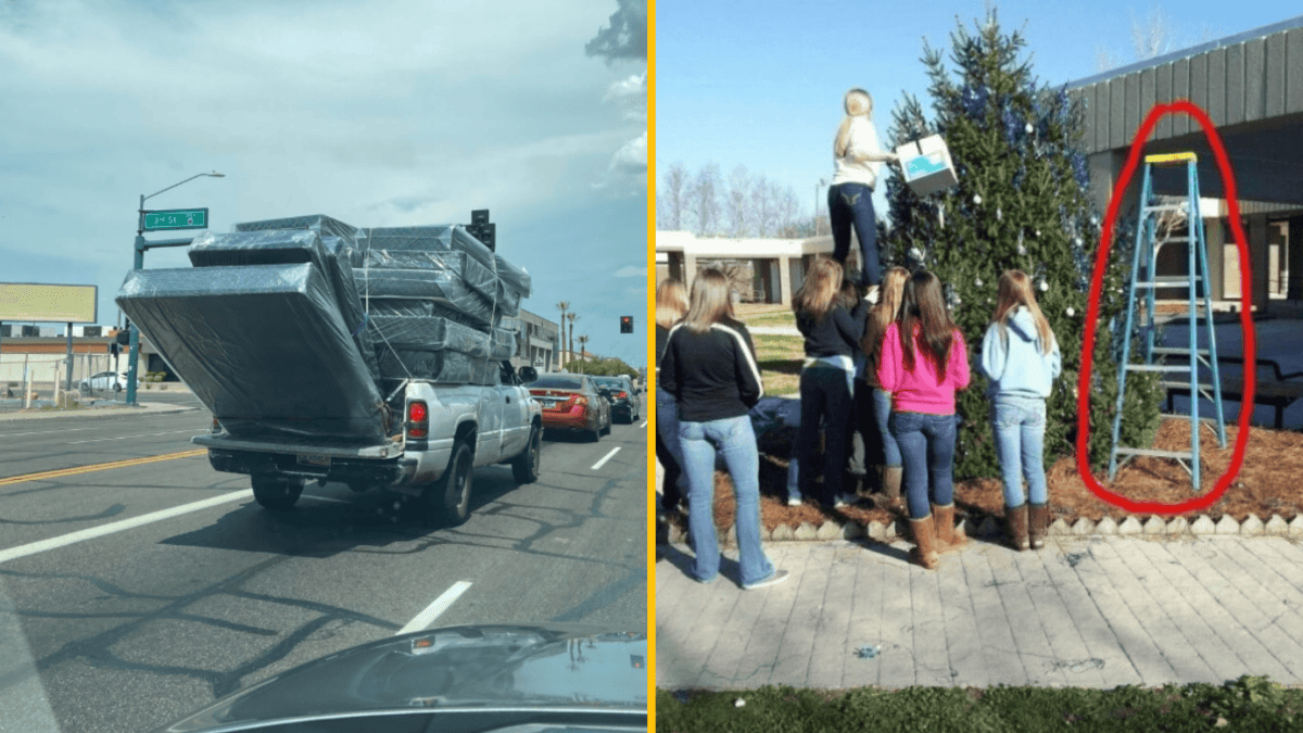 Na obrázku je auto preťažené matracmi a skupina dievčat zdobí strom bez použitia rebríka.