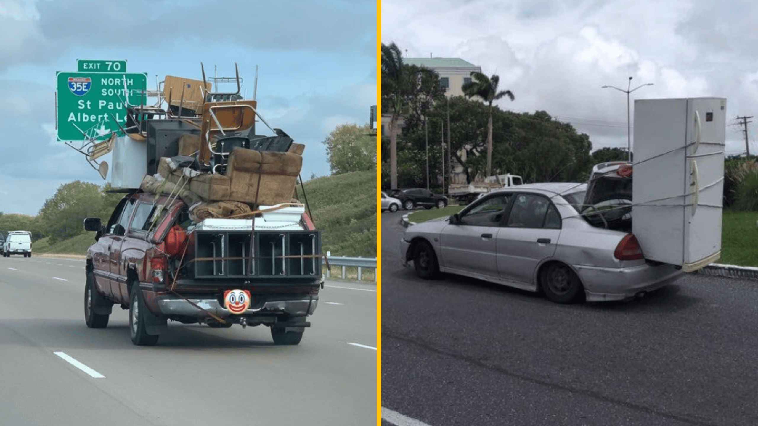 Nákladný pickup a sedan nesú preplnený náklad: stoly, chladnička a ďalšie predmety viazané na strechu a kufor.