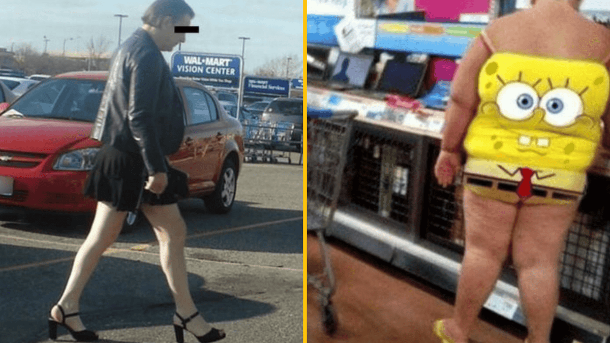 Ľudia s jedinečným oblečením na nákupoch vo Walmarte.