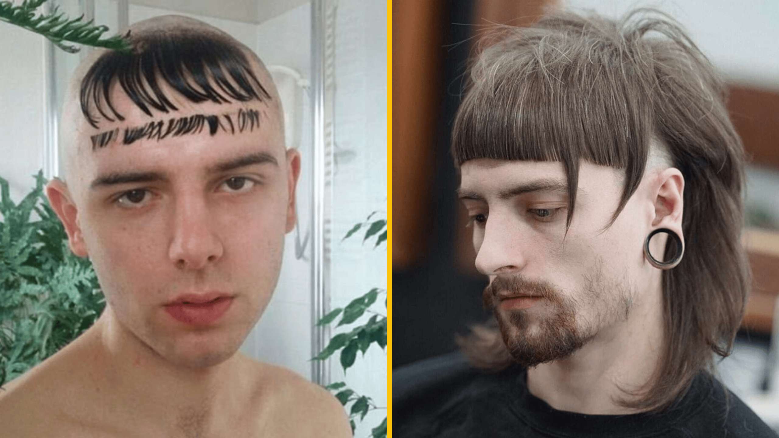 Dva netradičné účesy mužov: jeden s extremným strihom ofiny a druhý s účesom mullet.