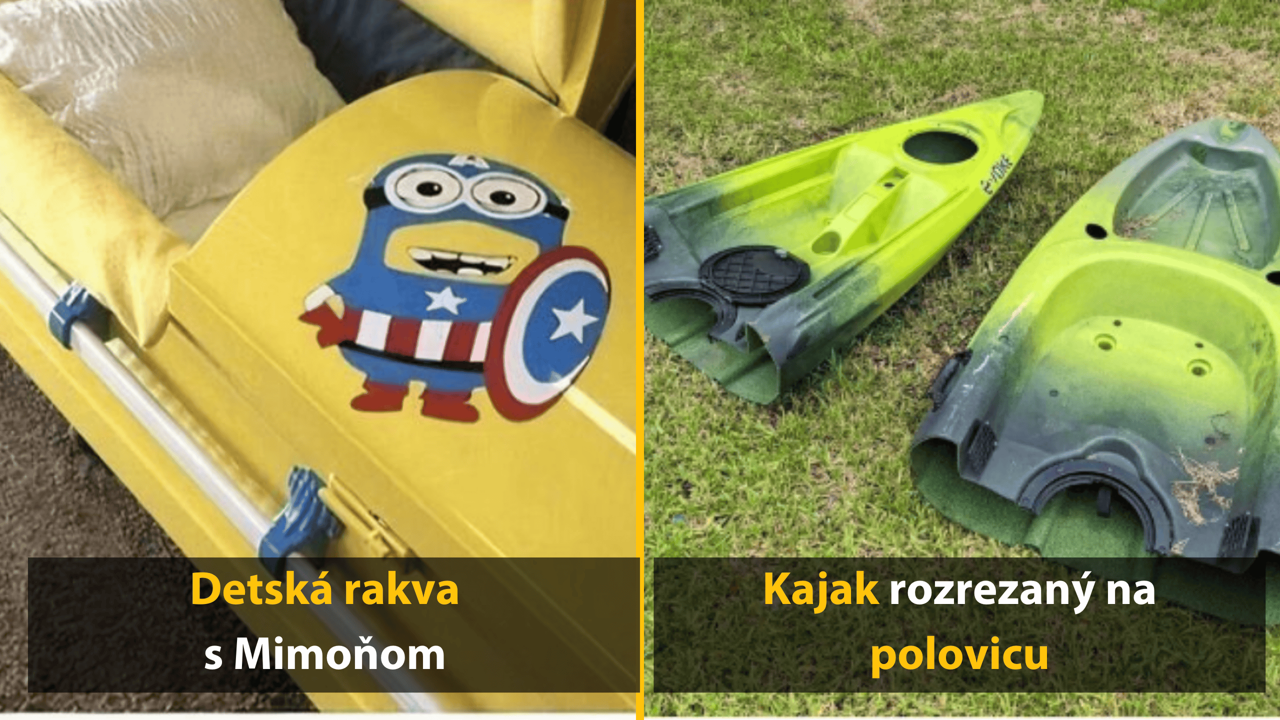 Žltá detská rakva s motívom postavičiek a zelený kajak rozrezaný na polovicu na tráve.