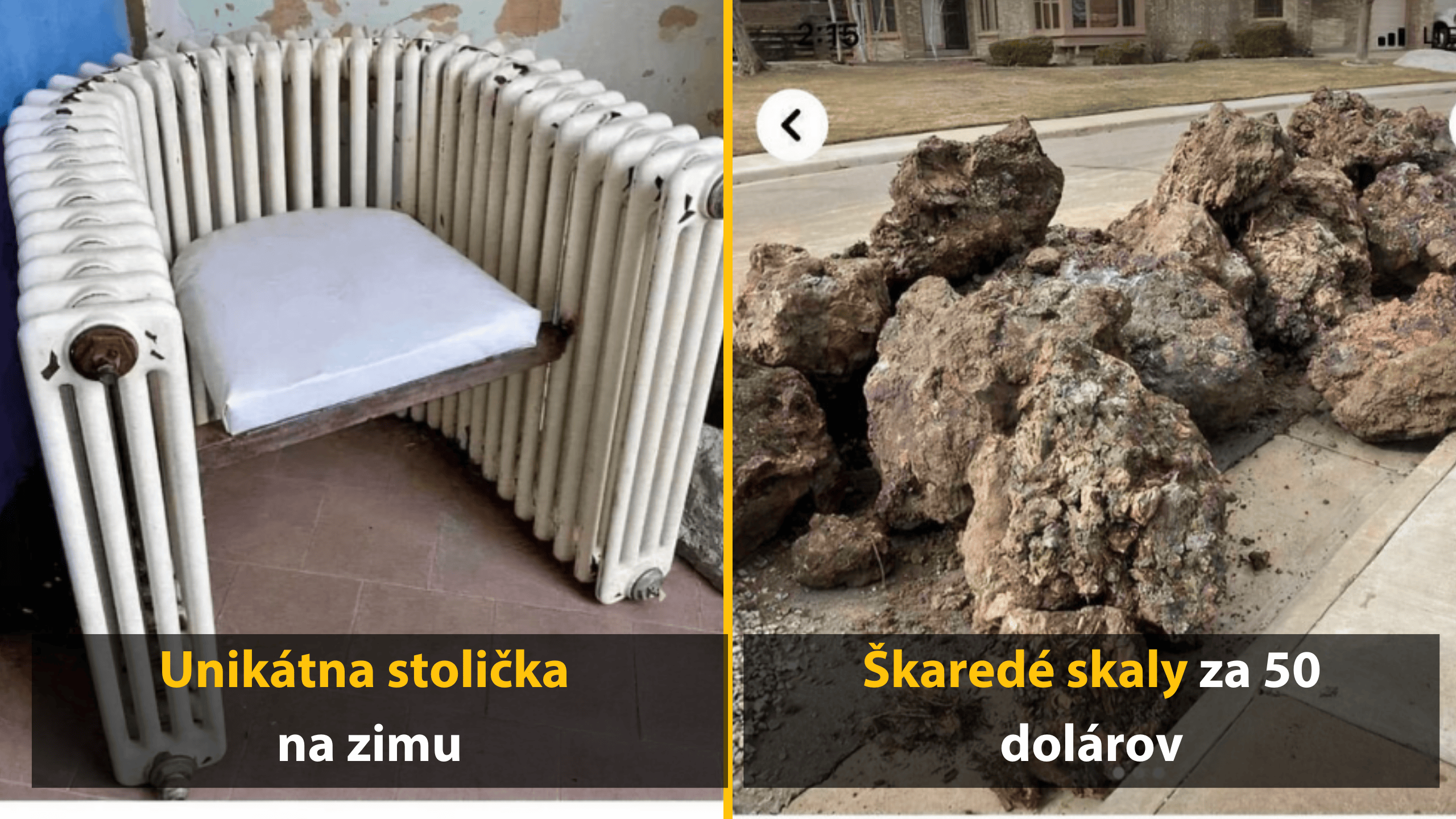 Starý radiátor upravený na stoličku a zbierka skal vystavená na predaj. Kreatívny dizajn a prírodná krása.