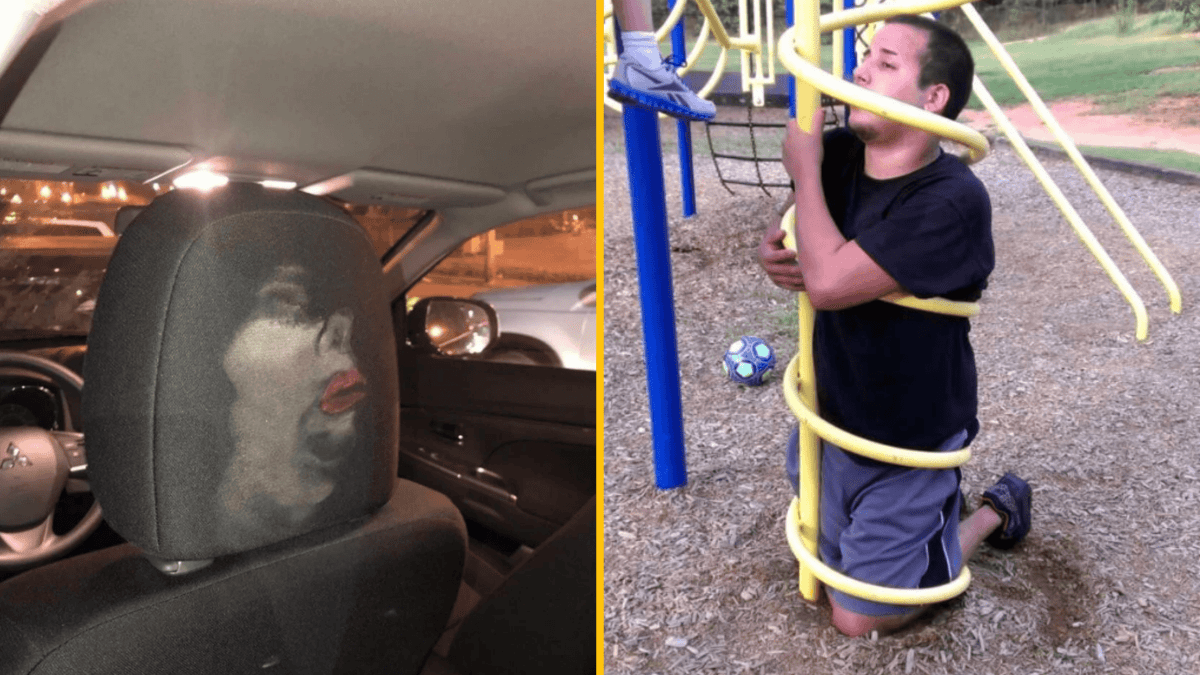 Na opierke sedadla je v noci odhalený vtipný obraz tváre, muž na preliezke uviazol v špirále.