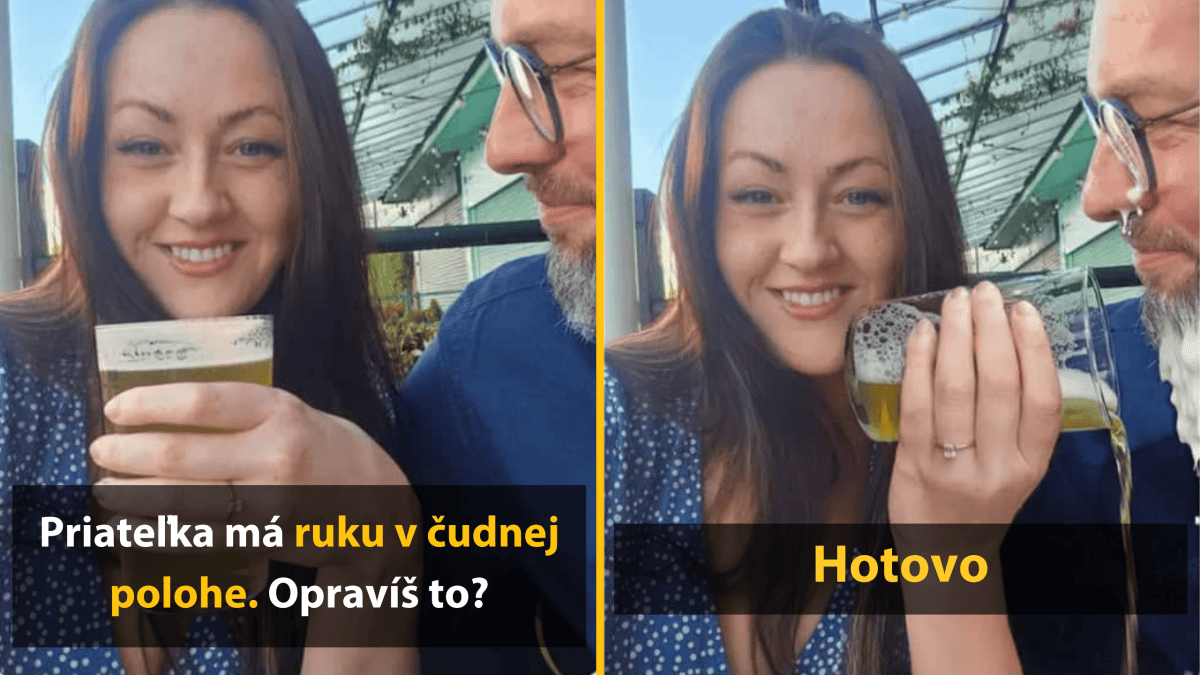 Žena s pivom a mužom na terase; na prvom obrázku vtipná ilúzia, na druhom muž pije zo skla.