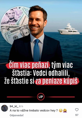 Muž v obleku s úsmevom pri jachte a dolároch, text o peniazoch a šťastí.