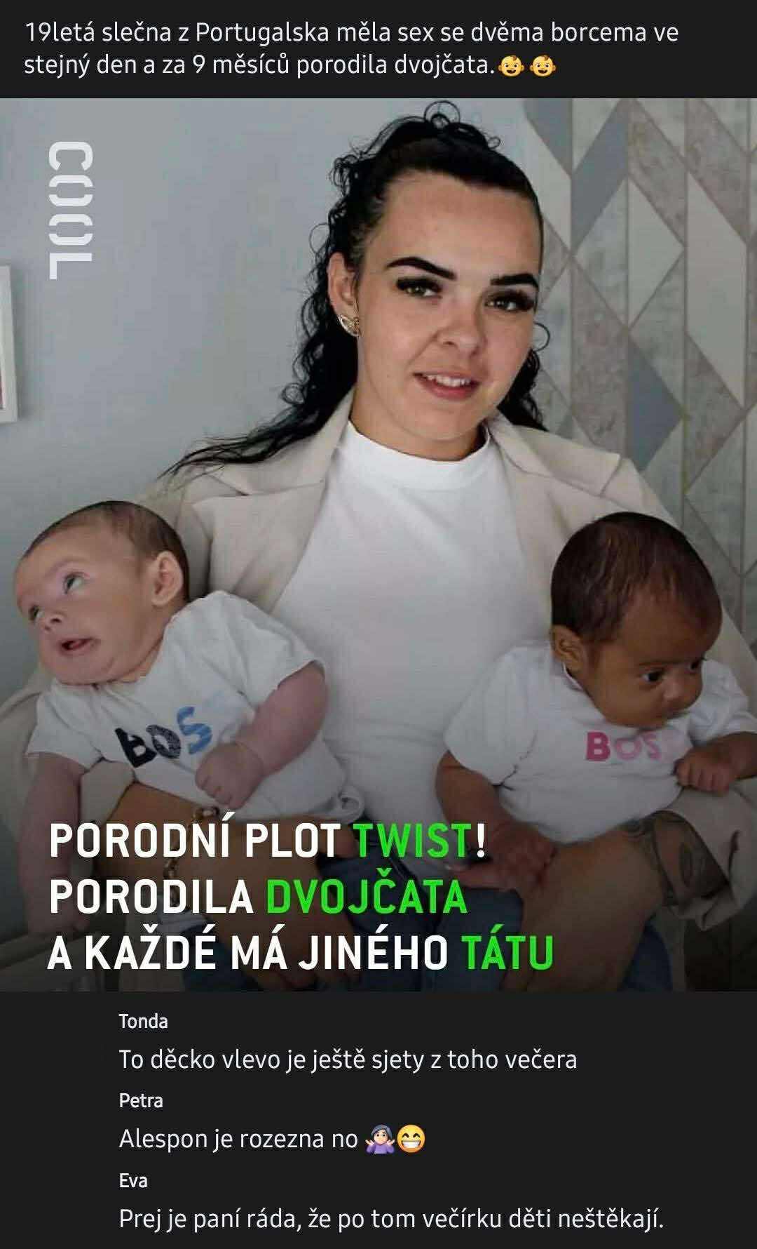 Mladá žena drží dve deti v náručí; každý z dvojčiat má iného otca.