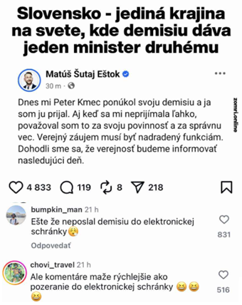 Slovenský minister prijíma demisiu kolegu na sociálnej sieti. Používatelia reagujú na rýchlosť oznámenia.