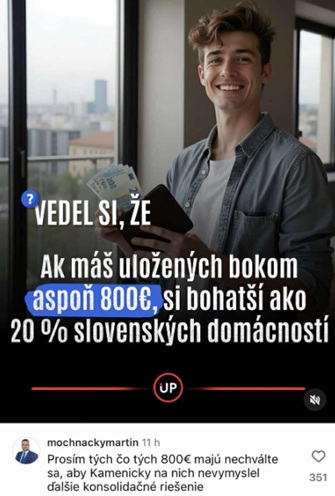 Osoba s úsmevom držiaca smartfón a bankovky vedľa štatistiky o slovenských úsporách.