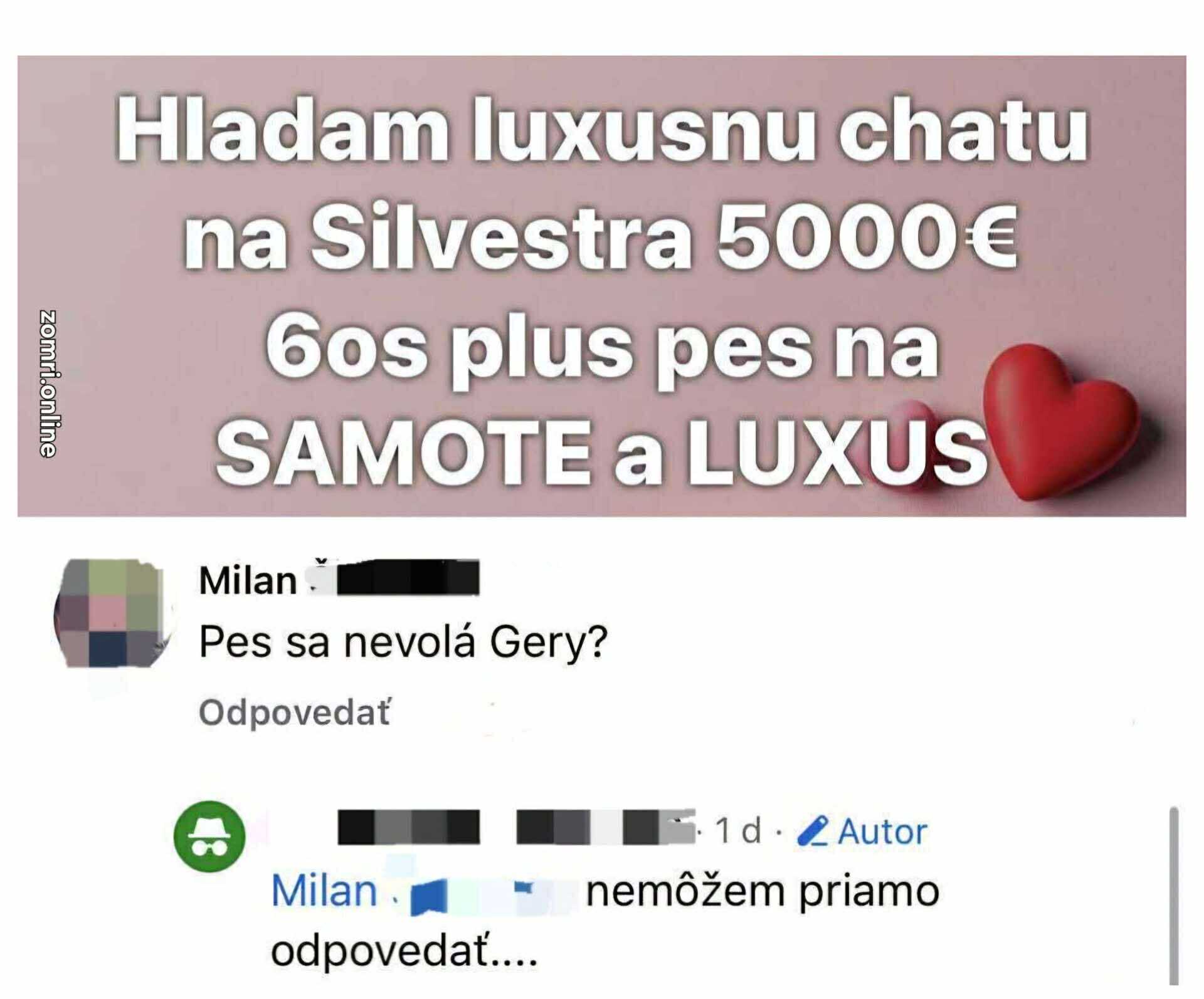 Luxusná silvestrovská chata na samote pre 6 osôb a psa, rozpočet 5000 €. Zábavná konverzácia o mene psa.