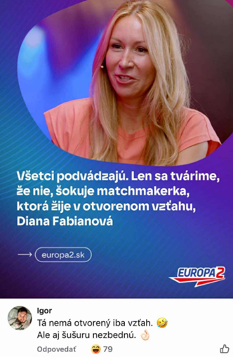 Osoba diskutuje o vzťahoch v rádiu Europa 2, s komentárom od poslucháča pod príspevkom.