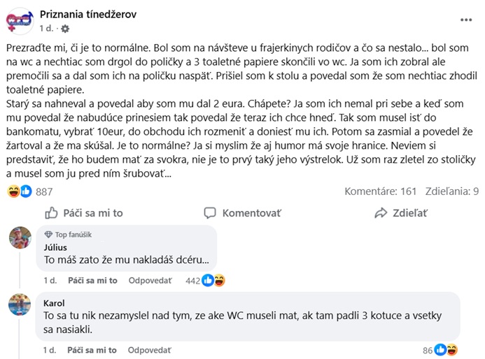 Spoveď mladíka z trapasu s toaletným papierom na návšteve u rodičov priateľky. Výmena názorov v komentároch.