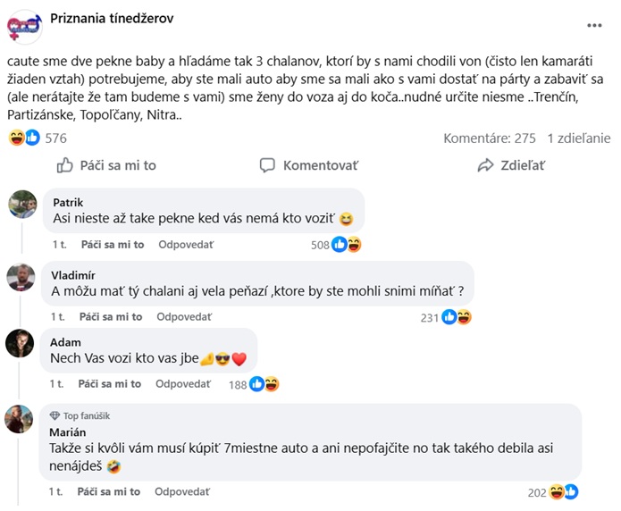 Dve dievčatá hľadajú troch chalanov s autom na spoločné výlety a zábavu v Partizánskom a okolí.