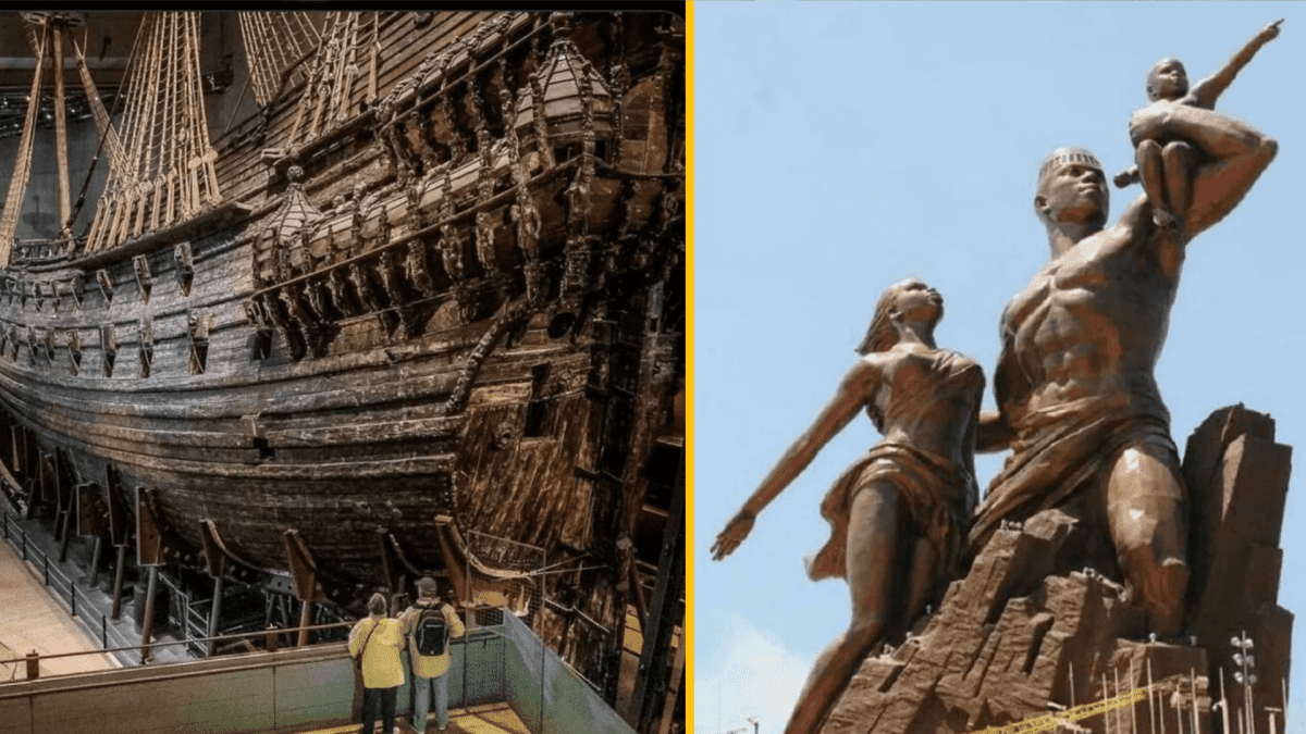 Historická loď v múzeu a impozantná socha rodiny proti modrej oblohe.