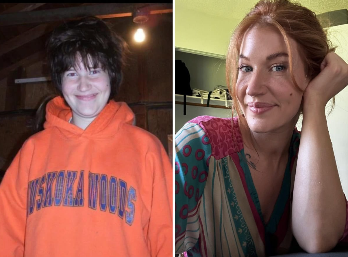 Dve vedľa seba fotografie ženy, pred a po premene, s úsmevom na tvári.