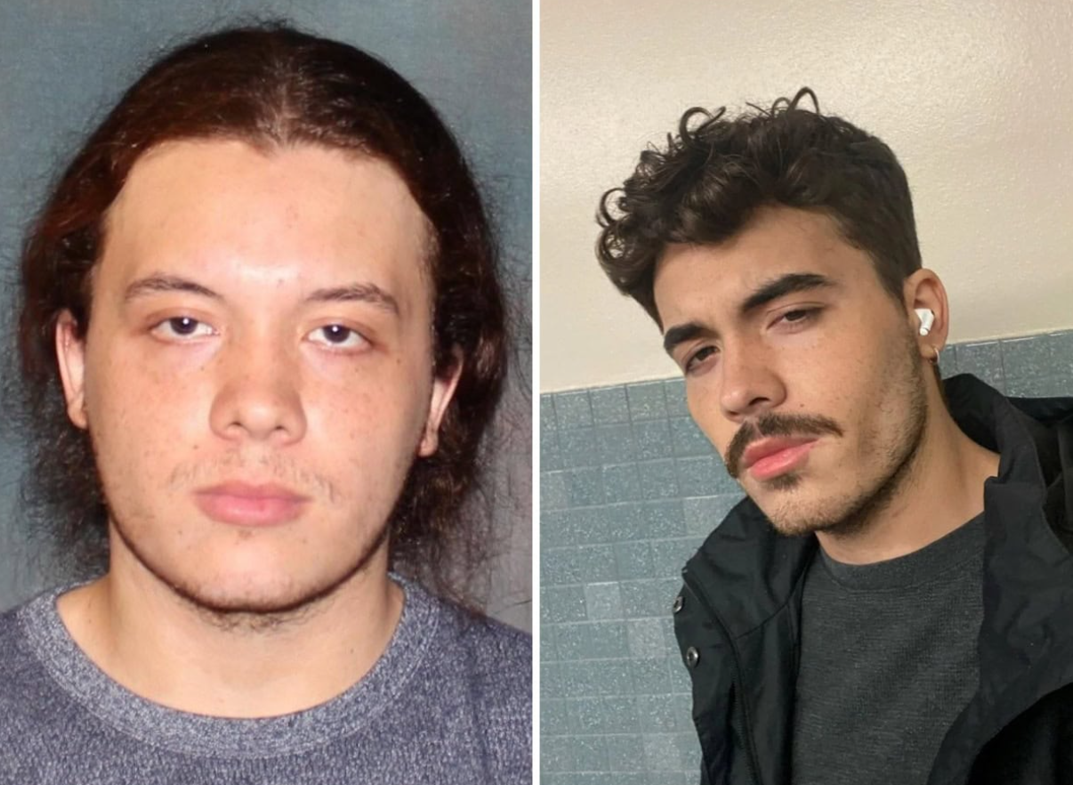 Dve osoby na obrázku, jedna s dlhými vlasmi, druhá s krátkymi, oblečením v tmavých farbách. Pozadie šedé a modré kachličky.