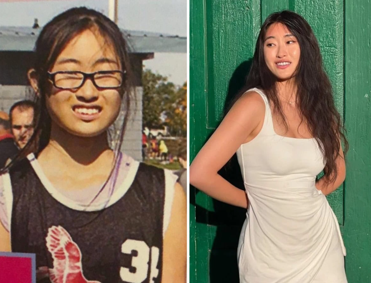 Osoba na dvoch portrétoch: v športovom drese a vo formálnych šatách pred zelenými dverami.