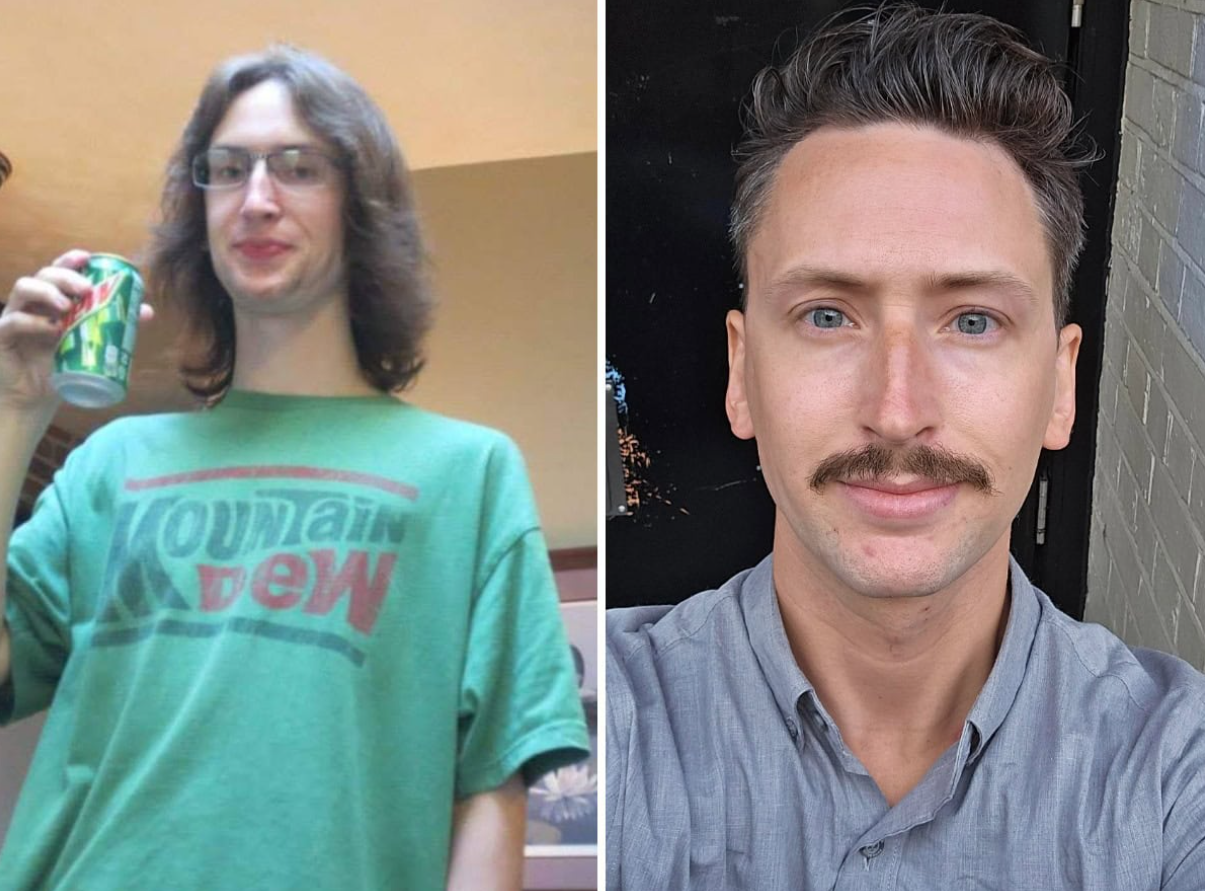 Dvojica fotografií muža, jedna s dlhými vlasmi, druhá s krátkymi vlasmi a fúzmi.