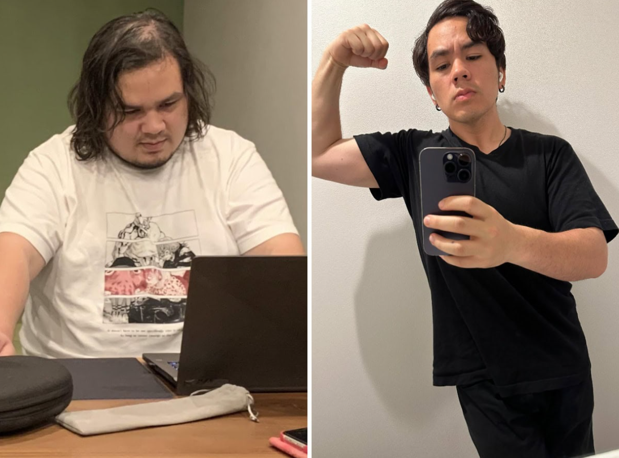 Porovnanie dvoch fotiek osoby: naľavo pri laptope, napravo vypracovaný sval v zrkadle.