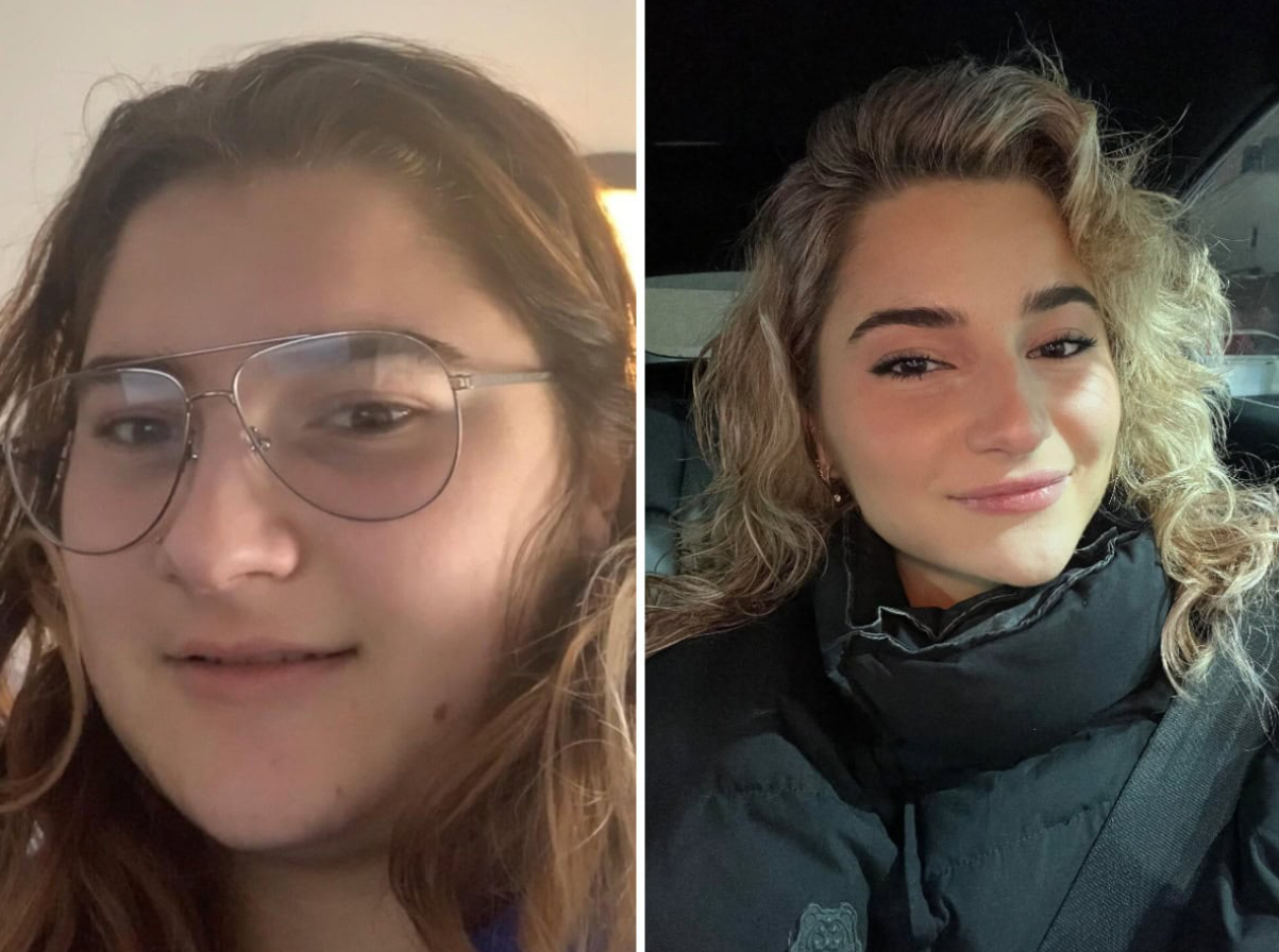 Dvojica portrétov žien v rôznych prostrediach, s okuliarmi a bez nich.