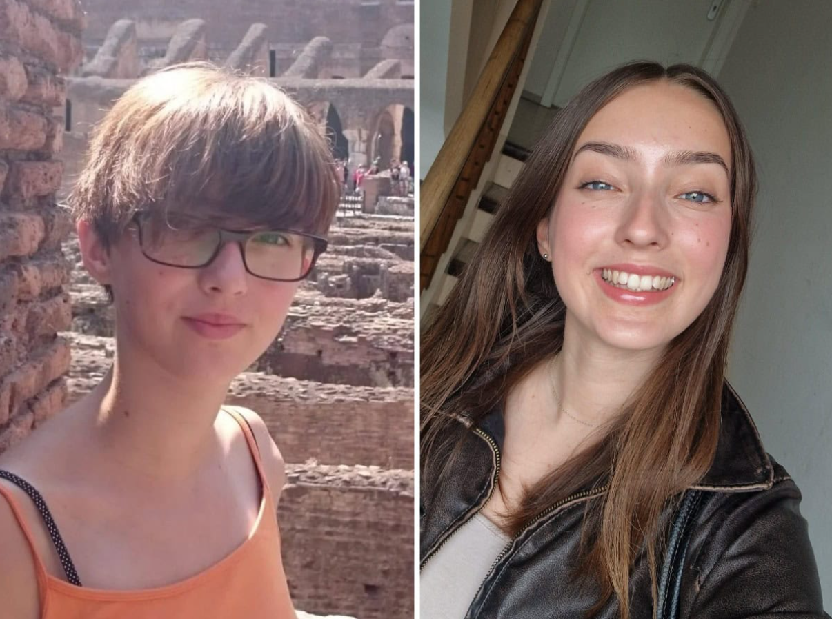 Dve ženy pózujú, jedna s krátkymi vlasmi vonku, druhá s dlhými vlasmi vo vnútri, obe usmiate.