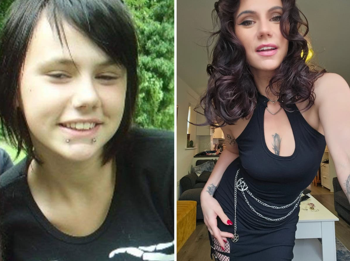 Dvojica fotiek osoby v čiernom outfite: jedna vonku, druhá vo vnútri. pred a po štýle.