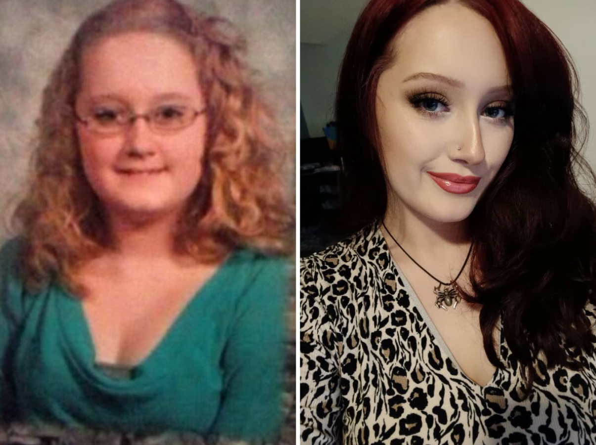Pred a po premene: dlhé ryšavé vlasy, leopardí vzor, výrazná líčenie, výrazná zmena vzhľadu.