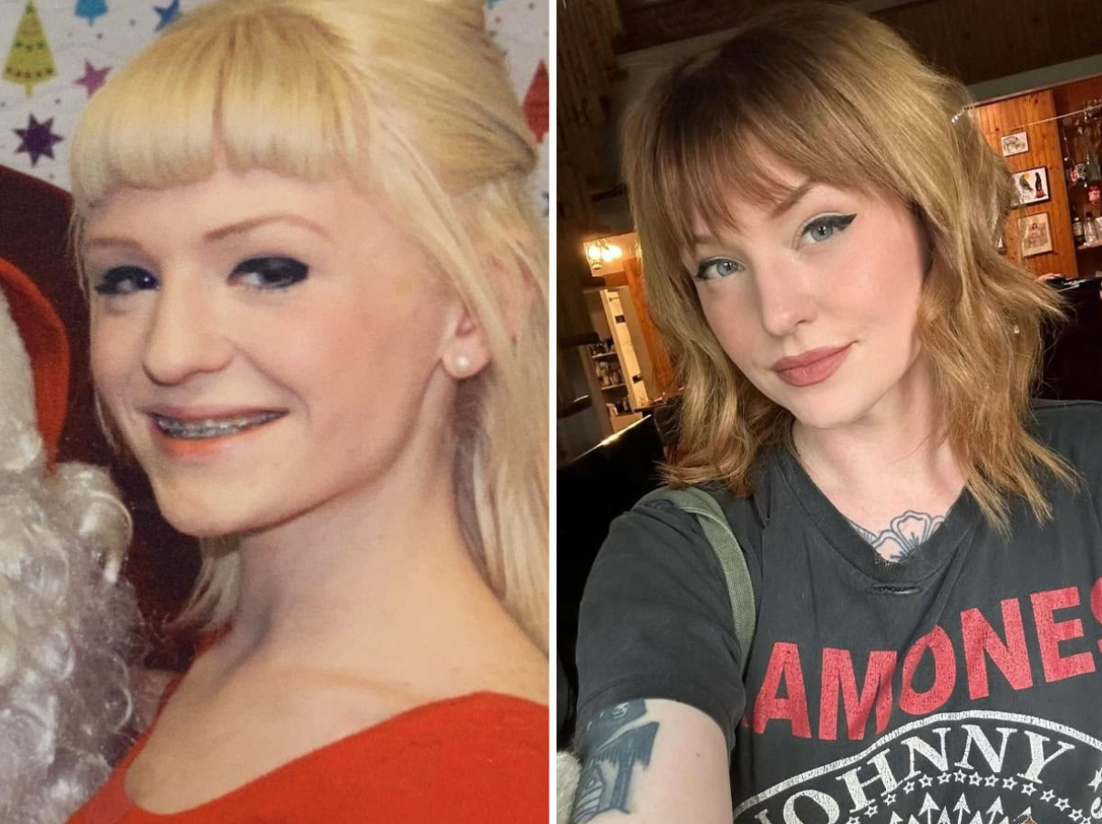 Porovnanie dvoch portrétov tej istej ženy: pred a po zmene vzhľadu, vrátane účesu a líčenia.