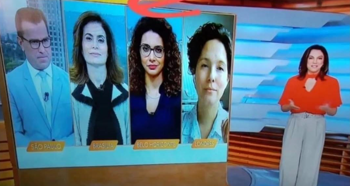 Televízna moderátorka prezentuje štyroch zahraničných korešpondentov z rôznych miest sveta na rozdelenej obrazovke.