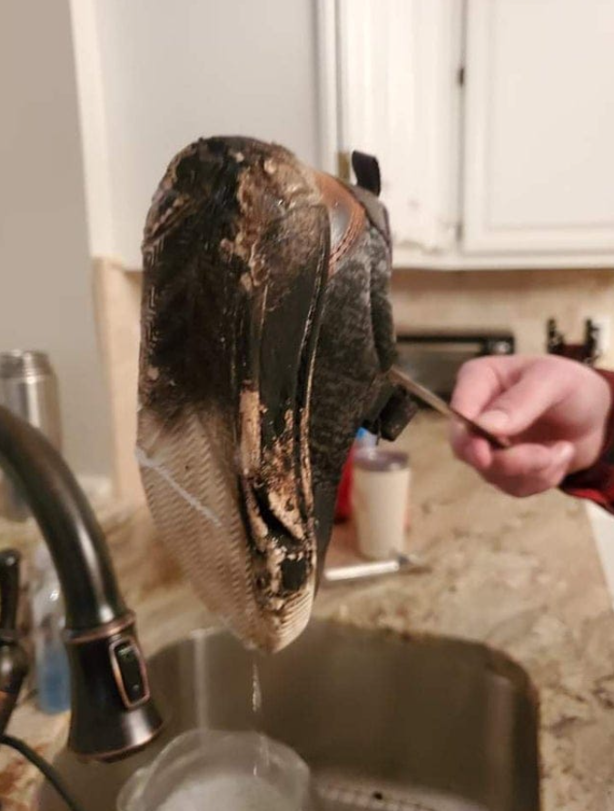 Špinavá teniska nad umývadlom, lopatka na čistenie, kuchynská linka v pozadí.