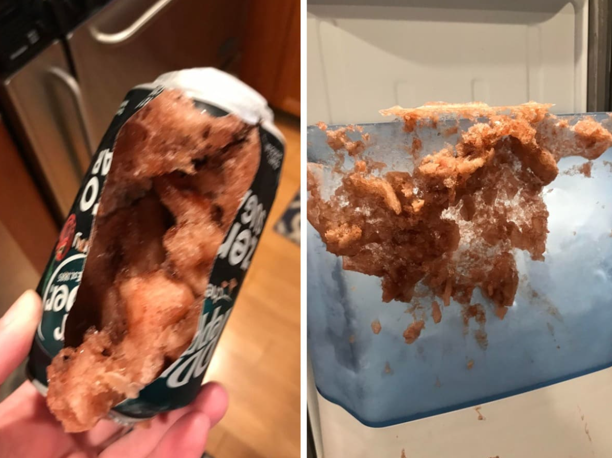 Explodovaná plechovka sódy vo vnútri mrazničky, vytvára ľadovú neporiadok.