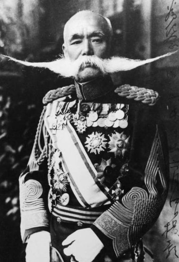 Starodávny generál s impozantnými bielymi fúzmi a uniformou plnou vojenských dekorácií.