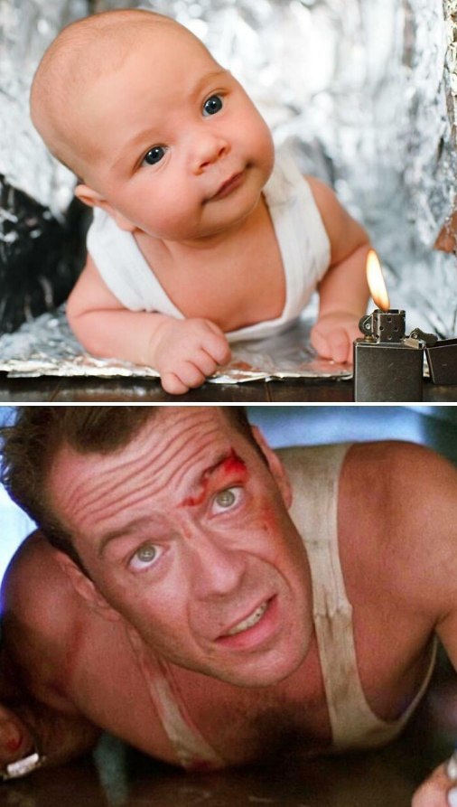 Dieťa v bielom tričku s cigaretovým zapaľovačom a muž v napätej situácii, inšpirované akčnou scénou.