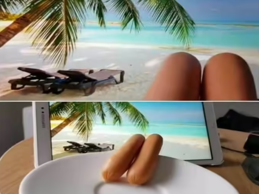 Prank na pláži: párok na tanieri pred tabletom s obrázkom palmy a lehátok.