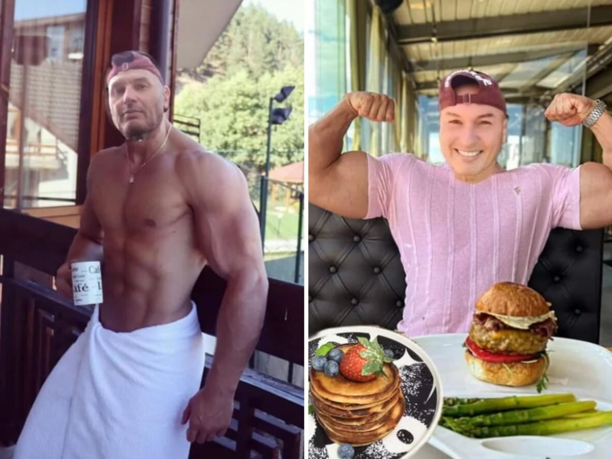 Nenápadný muž s kávou v ruke na terase, a v reštaurácii s hamburgerom a palacinkami, ukazuje svaly v ružovom tričku.