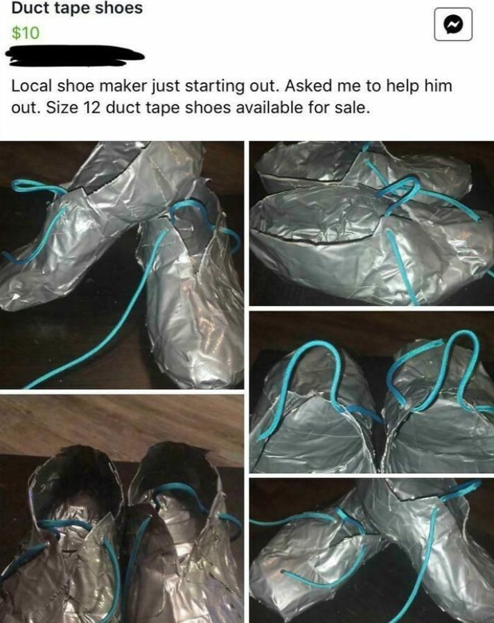 Ručne vyrobené topánky z lepiacej pásky, veľkosť 12, na predaj len za 10 dolárov.