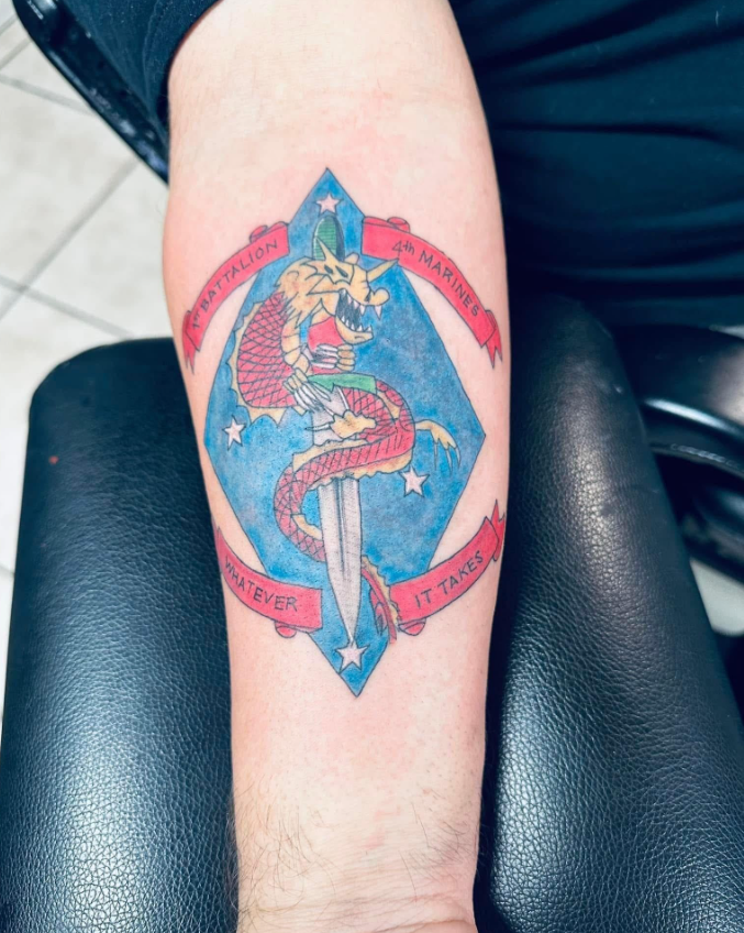 Tetovanie s motívom draka na ramene, obklopené stuhami a modrým pozadím, symbolizujúce oddanosť a silu.