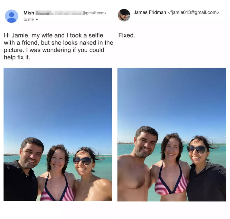Skupinové selfie pri mori, upravené tak, aby ukázalo všetkých troch v bikinách bez ilúzie nahoty.