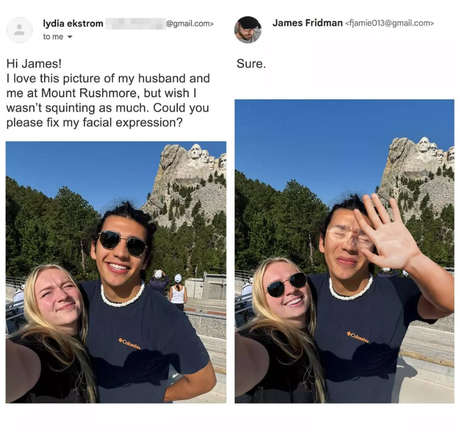 Pár na Mount Rushmore, žena žiada o úpravu výrazu tváre. Výsledná foto prekvapuje zakrytím tváre muža rukou.
