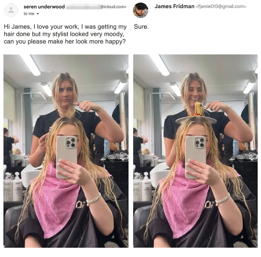 Žena v kaderníctve s mokrými vlasmi; stylistka s úsmevom a tanierom špagiet na hlave zákazníčky.