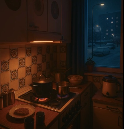 Kuchyňa v teplej atmosfére s hrncami na varnej doske, pohľad z okna na zasneženú ulicu večer.