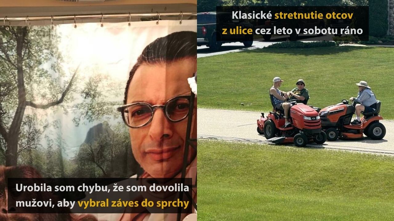Žena ľutuje výber sprchového závesu, muži na kosačkách sa stretávajú na ulici; letné sobotné rána na vidieku.