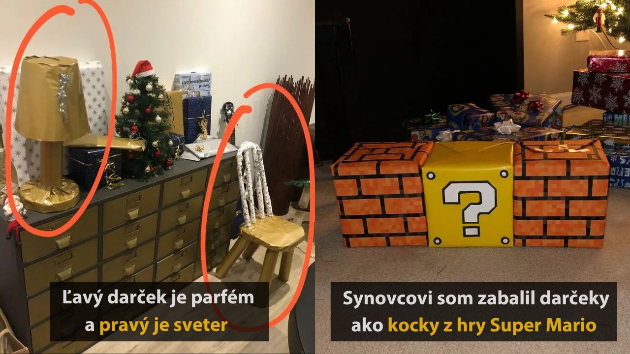 Kreatívne balenie darčekov: parfum ako lampa, sveter ako stolička a Super Mario kocky pre synovca pod stromčekom.