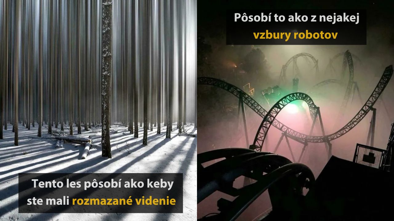 Les s rozmazanými stromami a dramatická horská dráha v hmle, evokujúca sci-fi atmosféru.