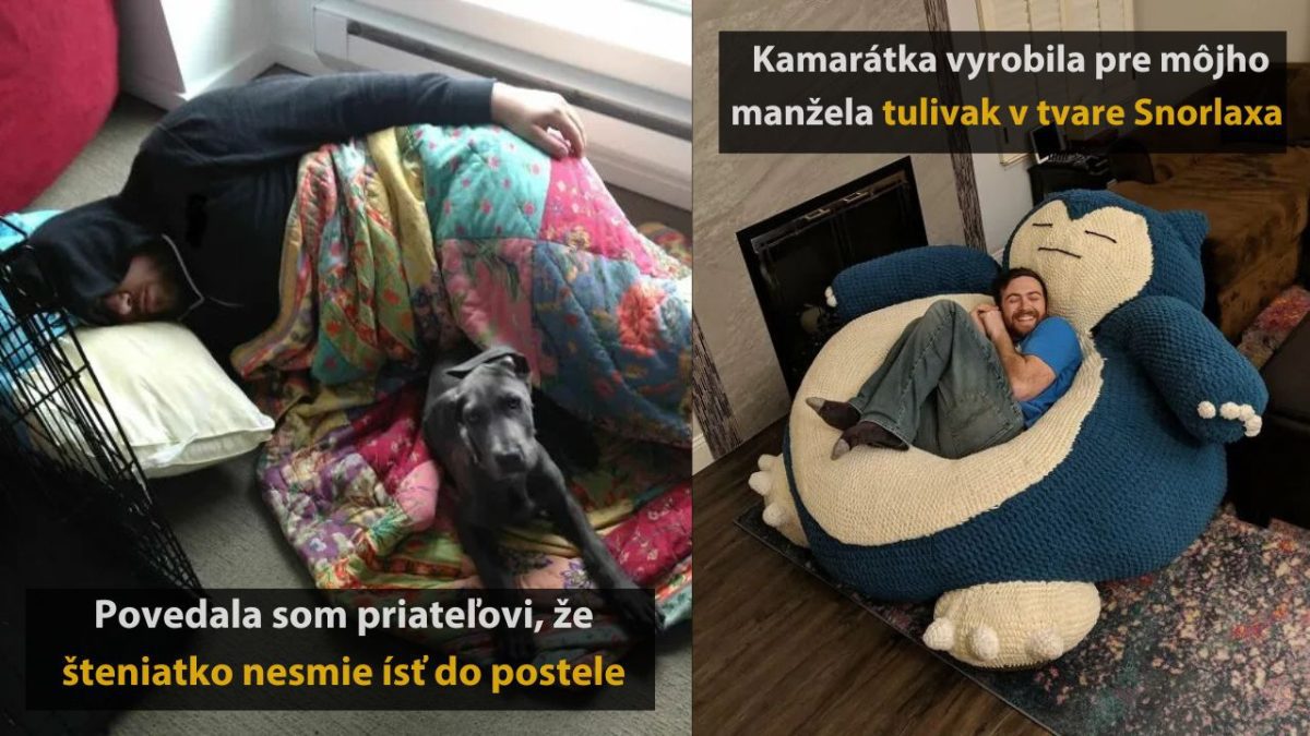 Muž spí na zemi so šteniatkom, vedľa tulivaku v tvare postavy z animovaného seriálu.